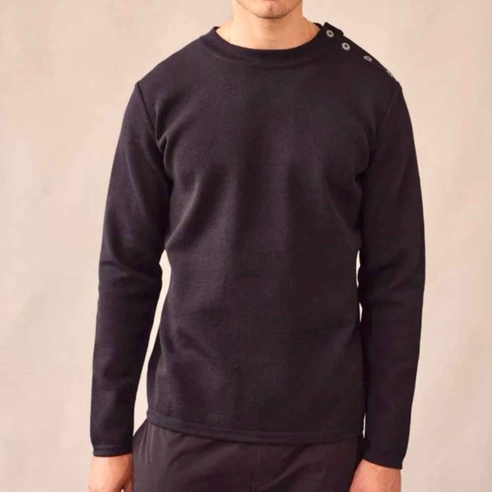 NEW SNS Herning 100% Merino Wool Button Shoulder Sweater Black Knit Mens Size L - Picture 1 of 16